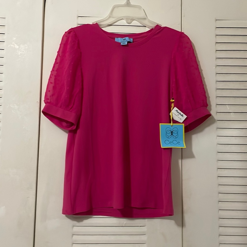 Sheer Swiss dot puff sleeve knit top